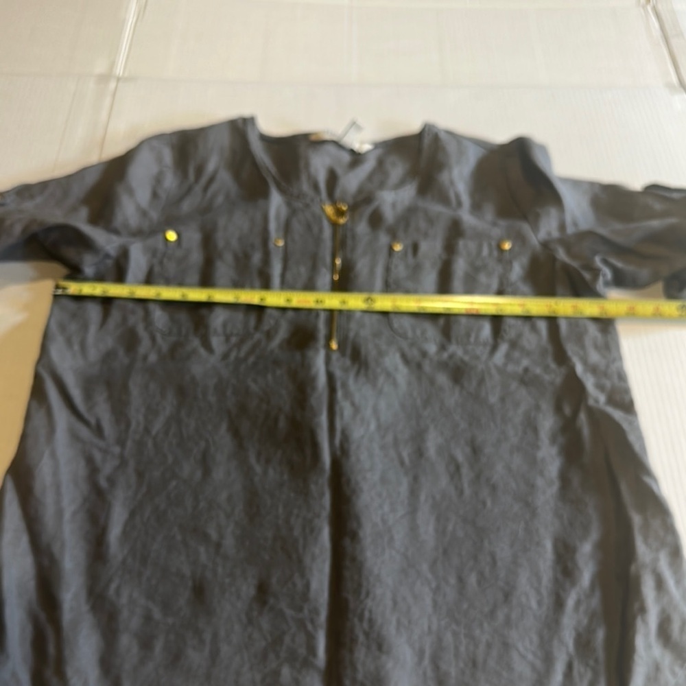Ellen Tracy linen grey gold Boxy Blouse with Cuffed Sleeves and round Collar - Picture 4 of 10